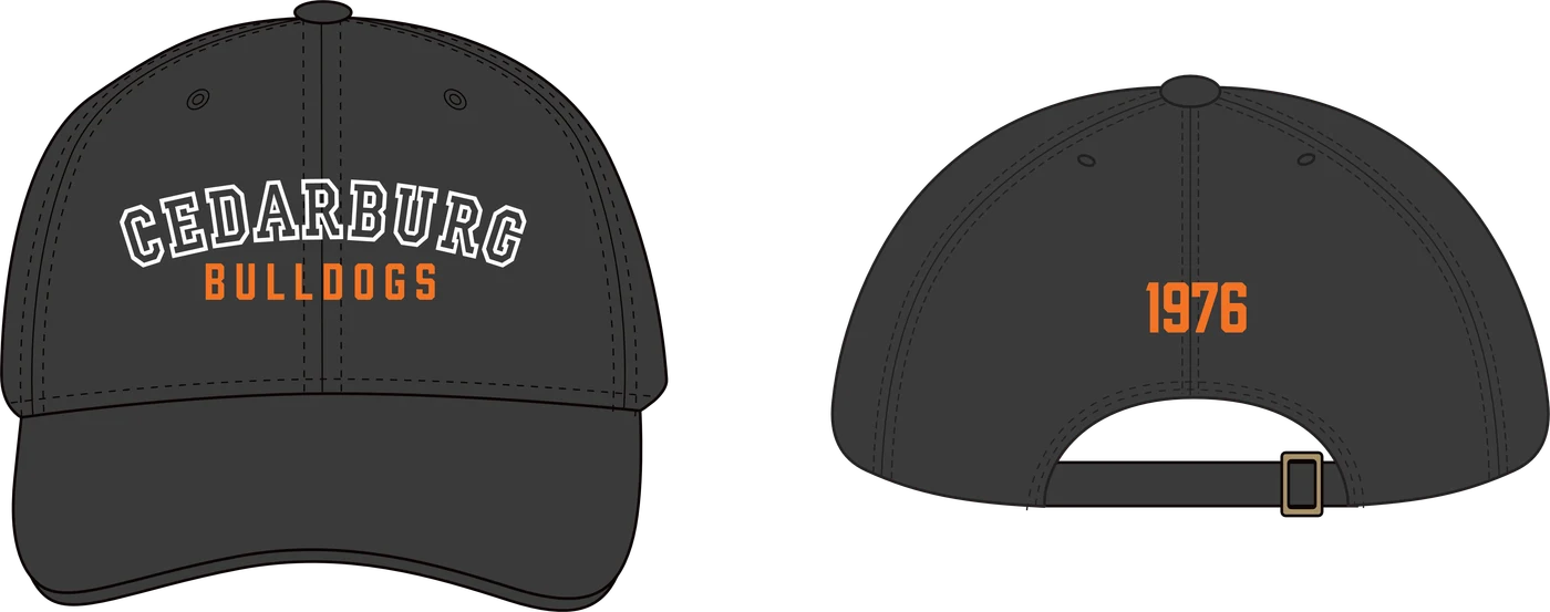 Black Cedarburg Bulldogs cap, front and back with 1976 on the back