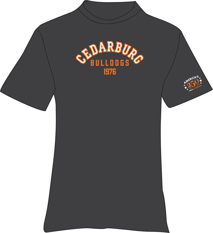 Black men's Cedarburg Bulldogs 1976 t-shirt with America's 250 Years of Freedom sleeve print